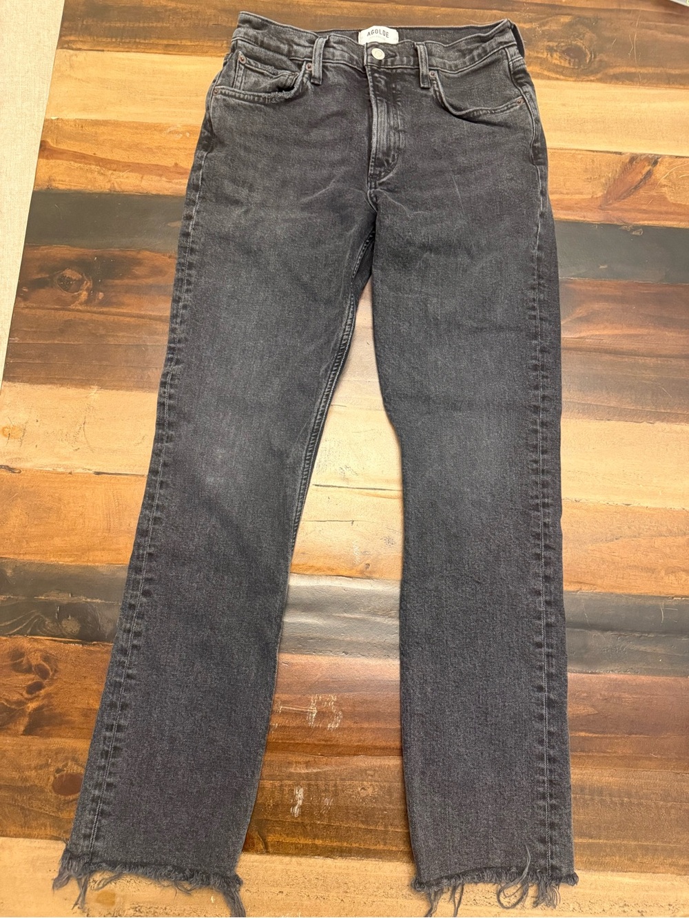 AGOLDE Lyle Low Rise Slim Straight Jeans 27 Technique Black Ankle Raw Hem